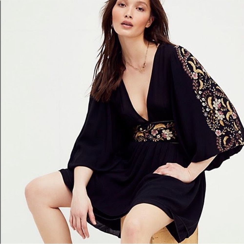 BOGO! Free People Moroccan Gemstone Mini Dress Floral Embroidered Black Size 2